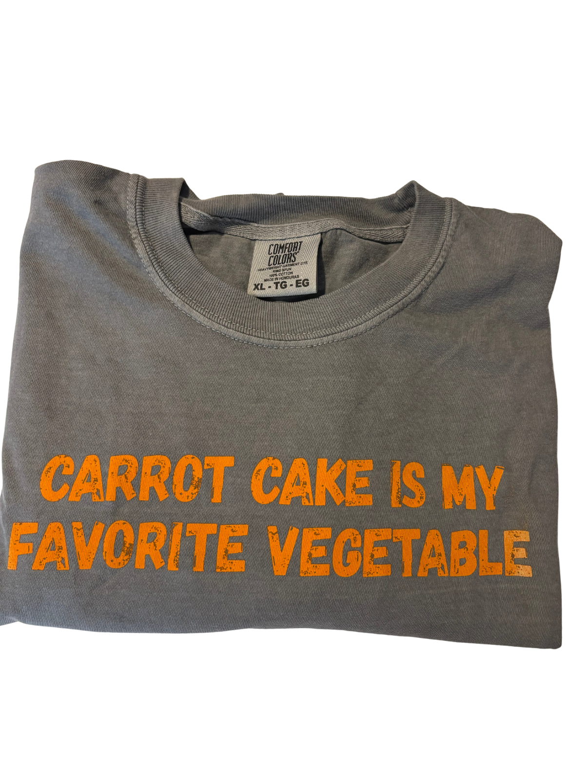 Folded gray Carrot Cake Tee with orange Carrot Cake Is My Favorite Vegetable lettering