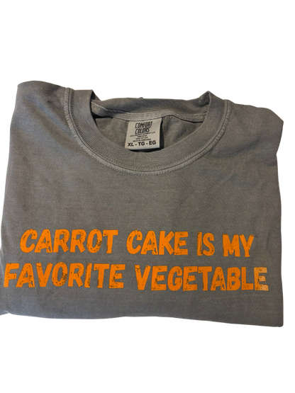 Folded gray Carrot Cake Tee with orange Carrot Cake Is My Favorite Vegetable lettering