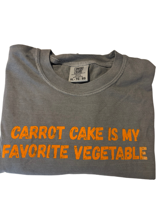 Folded gray Carrot Cake Tee with orange Carrot Cake Is My Favorite Vegetable lettering